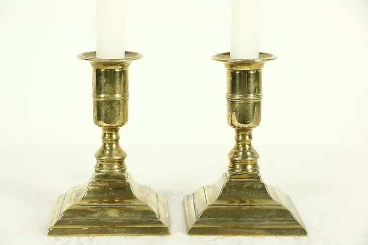 Pair of Square English Brass 1870 Antique Candlesticks, Signed WT&S
