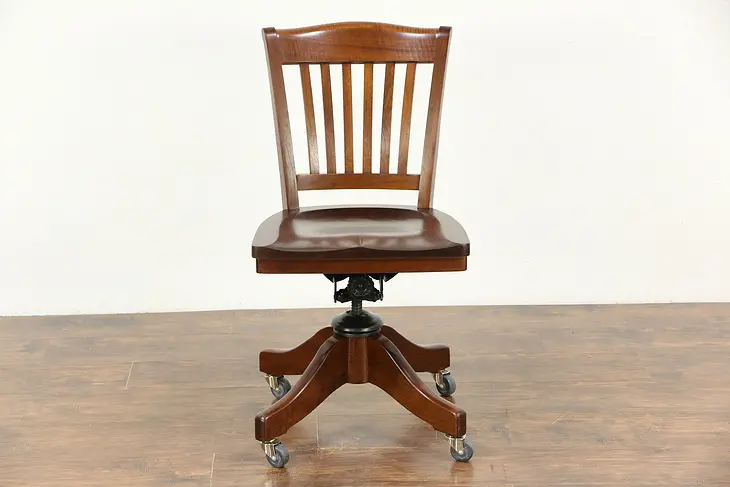 Walnut 1915 Antique Swivel Adjustable Office or Library Desk Chair, Johnson