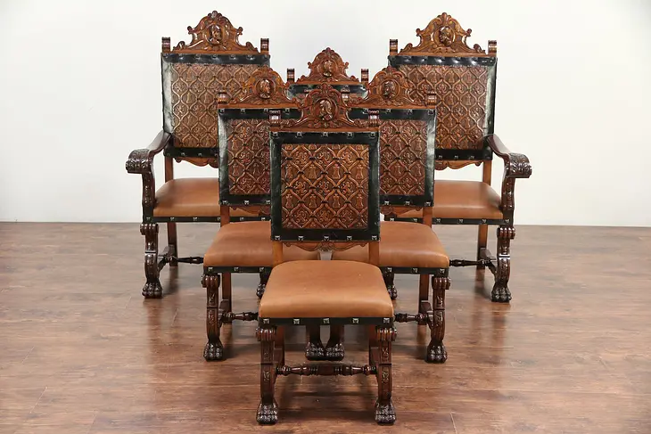 Spanish Colonial Carved Vintage Set of 6 Leather Dining Chairs, Marco  #29583