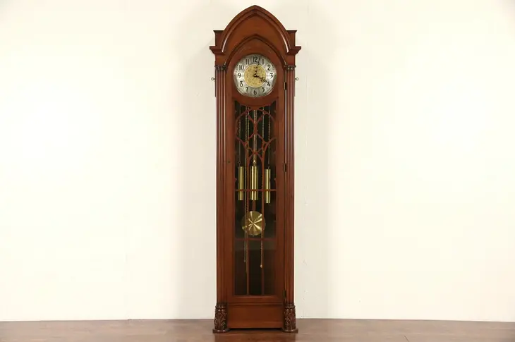 Hanson Signed Gothic Long Case Grandfather Vintage Clock