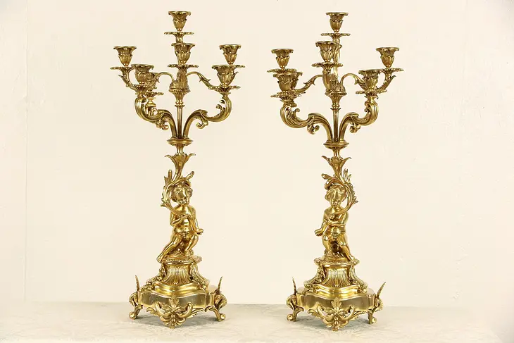Pair Gold Angel or Cherub 28" Baroque Candelabra