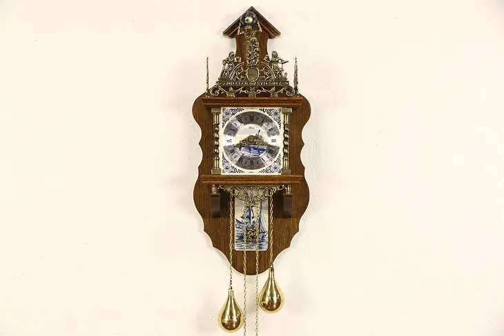Dutch Vintage Wall Clock, Blue Delft Tiles & Atlas Figure, Signed Alma & Hermle