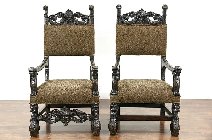 Pair Lion & Gargoyle Carved Oak Antique 1890's Italian Throne or Hall Chairs