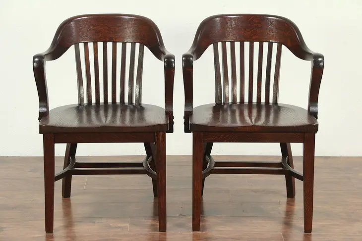 Pair of Antique Quarter Sawn Oak Banker, Office or Library Chairs, Klode  #29032