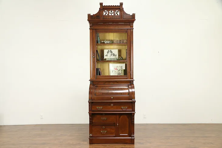 Victorian Eastlake Antique Cylinder Roll Top Secretary Desk & Bookcase #30949