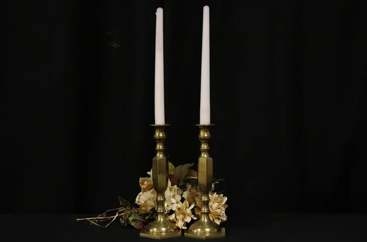 Pair 1890 Antique Hexagonal Brass Candlesticks - English