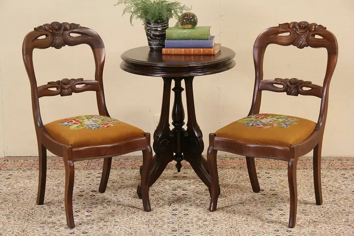 Pair Victorian 1860's Antique Carved Walnut & Needlepoint Side or Dining Chairs