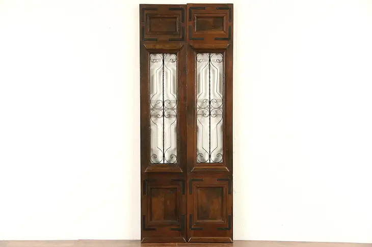 Pair of Vintage Wood Doors or Shutters, Iron Grillwork