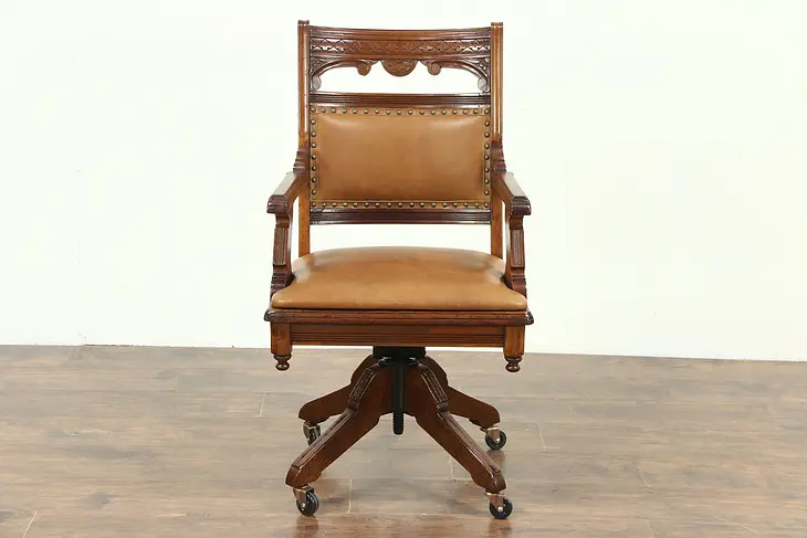 Victorian Eastlake Antique Swivel Desk Chair, Signed Johnson Pat 1887 Leather