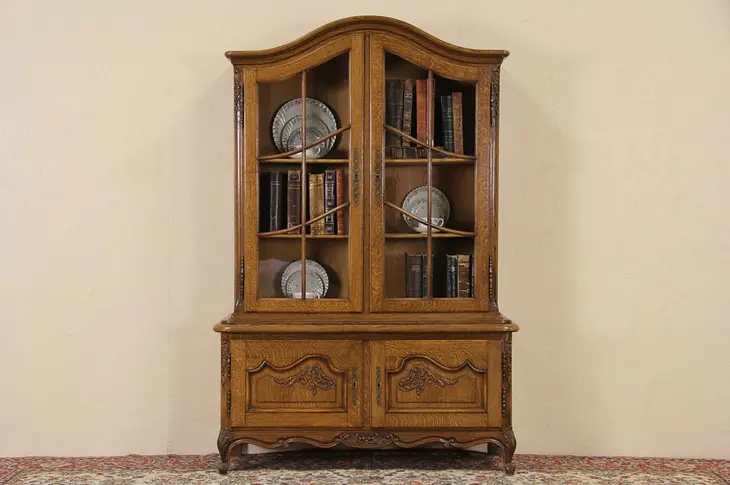 Country French Oak 1920 Antique Bookcase or China Cabinet