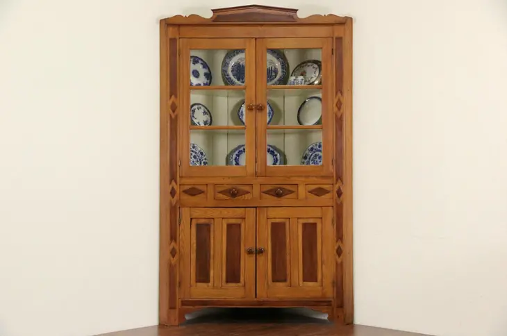 Ohio Oak & Walnut 1880 Antique Corner Cupboard or Cabinet, Wavy Glass