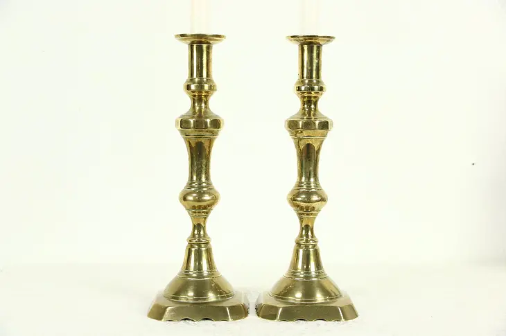 Pair Antique English Brass Candlesticks with Pushers, 12"