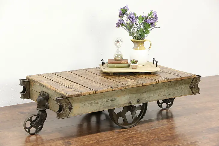 Oak & Iron Salvage Antique Factory Cart, Coffee Table, Signed Francis Co