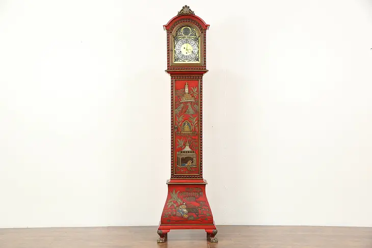 Chinoiserie Hand Painted Chinese Lacquer Long Case Grandfather Clock, Belgium