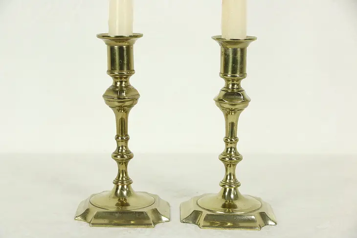 Pair Antique Solid Brass Candlesticks, Signed Made in England