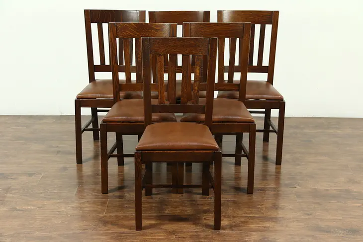 Set of 6 Arts & Crafts Mission Oak Antique Craftsman Dining Chairs, New Leather