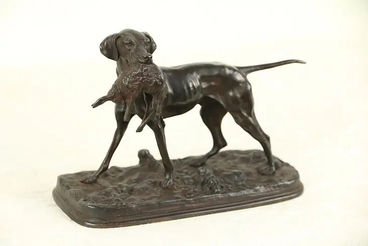 Hunting Dog & Rabbit, Antique French Bronze Sculpture Signed P. J. Mene  #29742