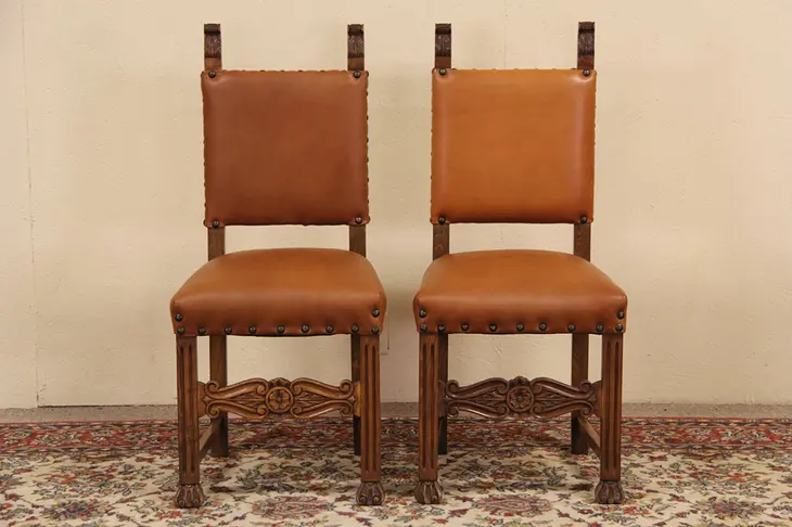 Pair of Carved Italian Leather 1915 Antique Chairs