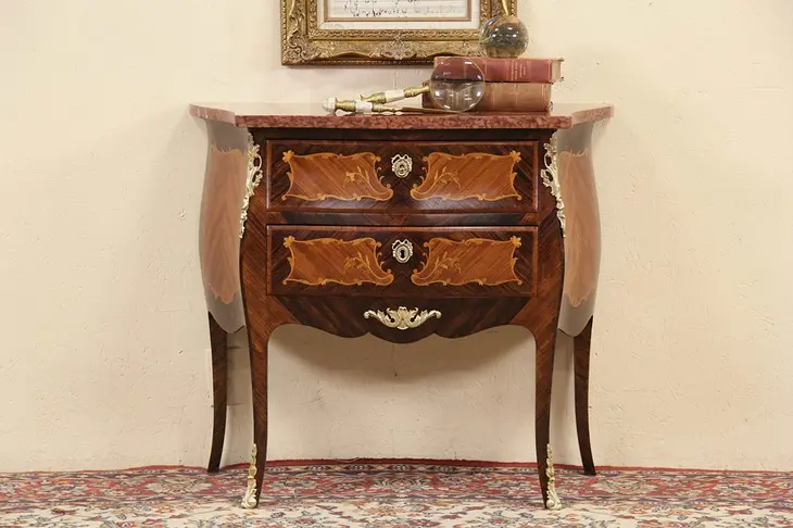 Rosewood Marquetry & Marble Italian Bombe Chest or Commode