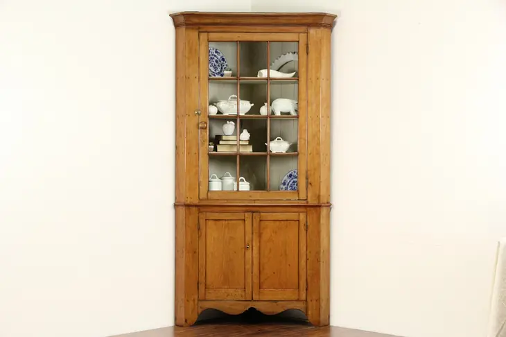 Cherry 1840's Antique Ohio Corner Cupboard or Cabinet, Wavy Glass Doors