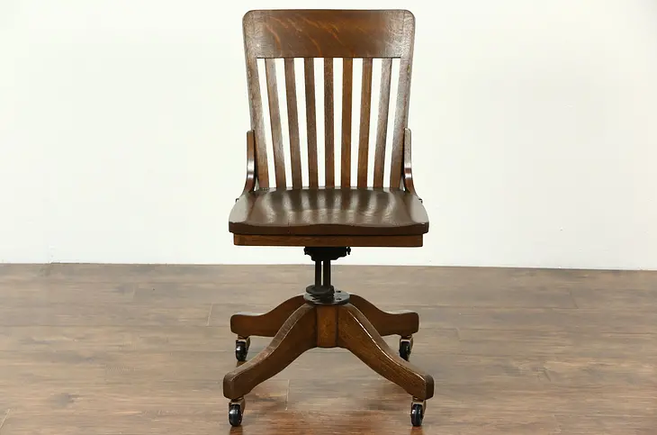Oak Swivel Adjustable Antique Desk Chair, Signed Siebert Milwaukee