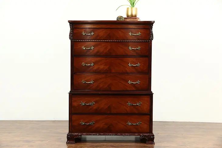 Traditional Carved Mahogany Vintage Highboy or Tall Chest on Chest