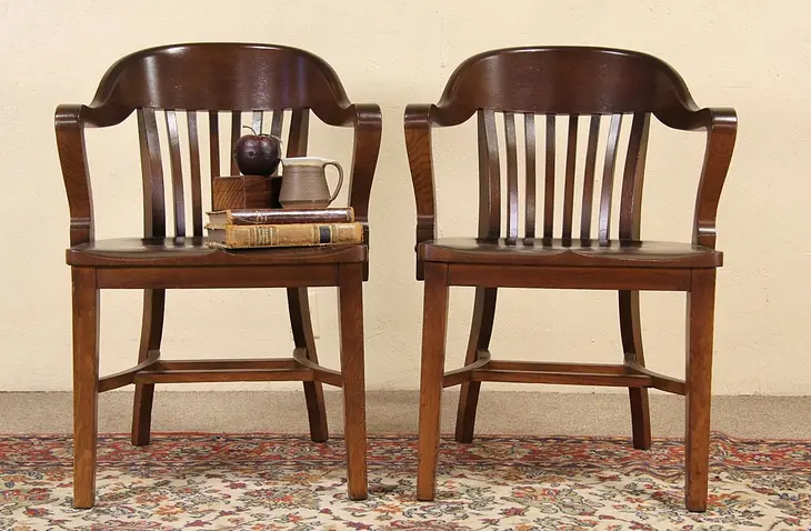 Pair of Antique 1910 Oak Bank Chairs