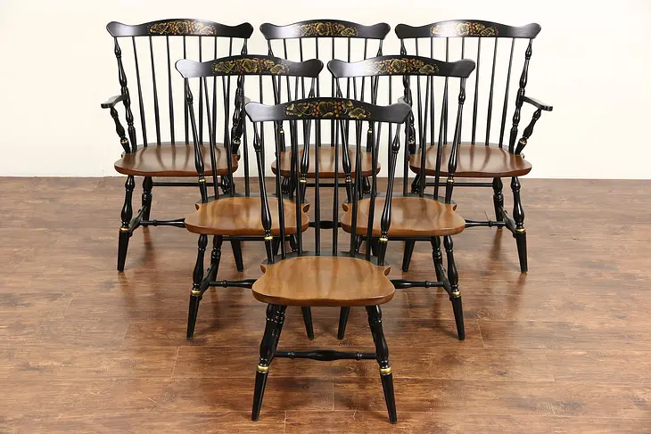 Set of 6 Signed Hitchcock Vintage Stenciled Maple Dining Chairs