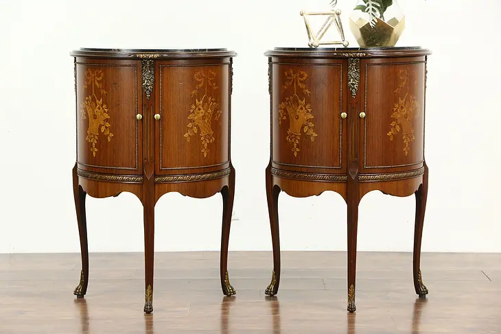 Pair Black Marble & Rosewood Marquetry Antique 1920's Nightstands or End Tables