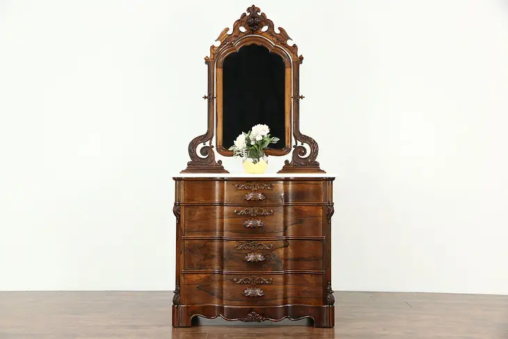Victorian 1870's Antique Rosewood Chest or Dresser, Marble Top, Swivel Mirror