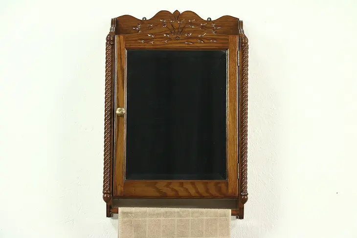 Victorian Eastlake Antique Oak Medicine Cabinet Chest, Beveled Mirror, Towel Bar