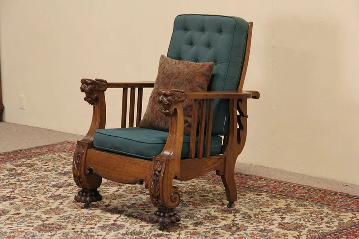 Morris Reclining Chair, 1900 Antique, Carved Oak Lion Heads & Paws