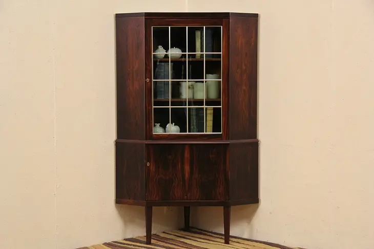 Midcentury Danish Modern Rosewood 1960's Corner Cabinet, Leaded Stained Glass