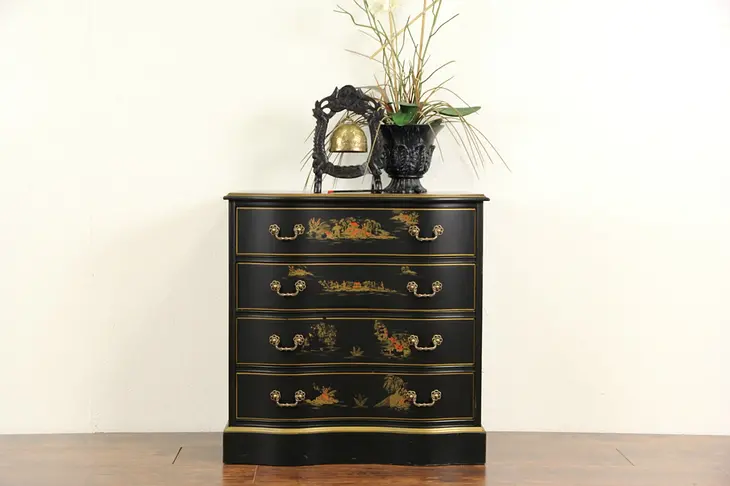 Asian Chinese Black Lacquer Vintage Hall Chest, Dresser or Nightstand