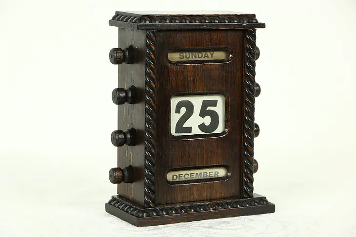 Desktop 1910 Antique Perpetual Calendar with Carved Oak Case