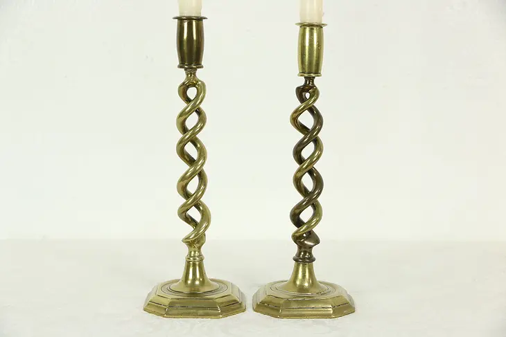 Pair of Antique 1860's Brass Double Spiral Candlesticks, England