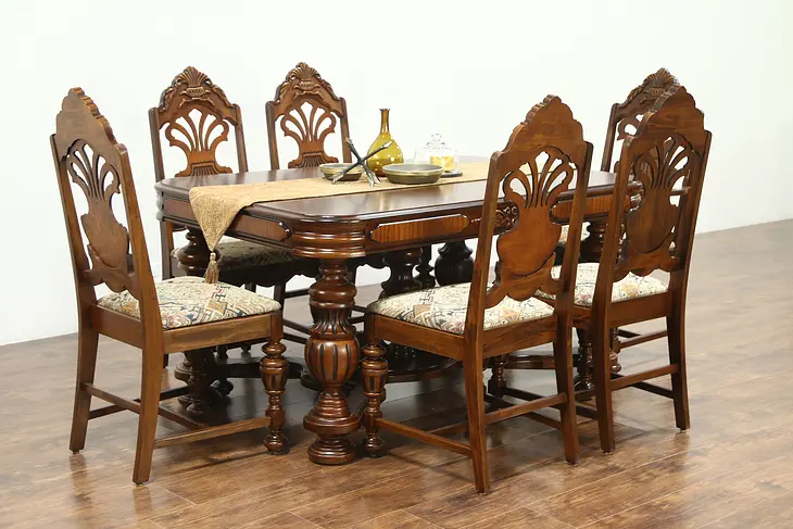 English Tudor Style 1925 Antique Carved Dining Set,  Table, Leaf & 6 Chairs