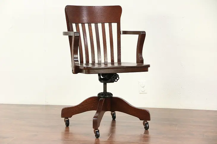 Oak Antique Swivel Adjustable Office Desk Chair, Signed Milwaukee #29456