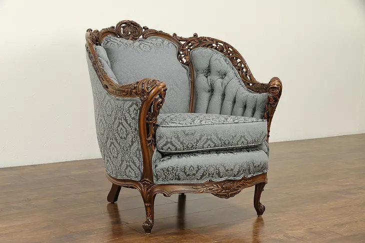 Carved Shell & Vine Carved Club Chair, New Tufted Upholstery #31774