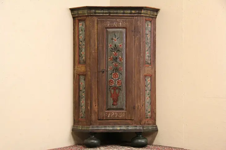 Scandinavian Hand Painted Antique Corner Cabinet, Signed 1845