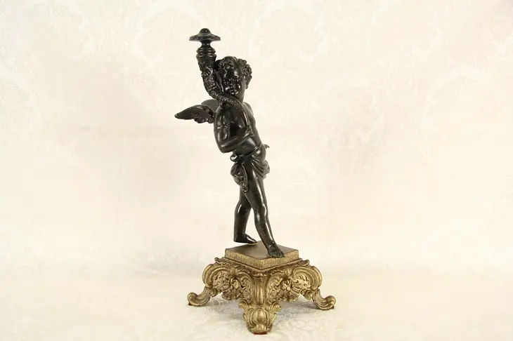 Angel or Cherub with Horn, 1890's Spelter Statue