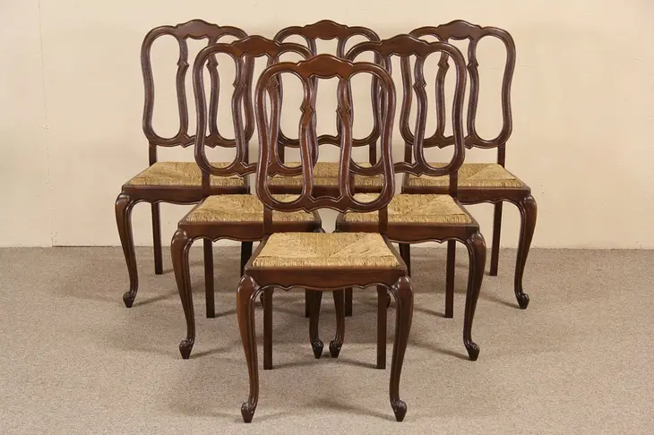 Set of 6 Country French 1920's Oak & Rush Dining Chairs