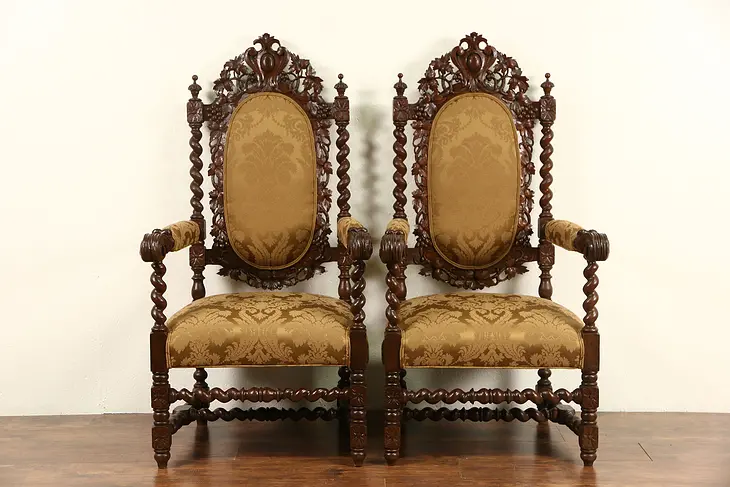 Black Forest Carved Oak 1880's Pair of Throne Chairs, New Upholstery