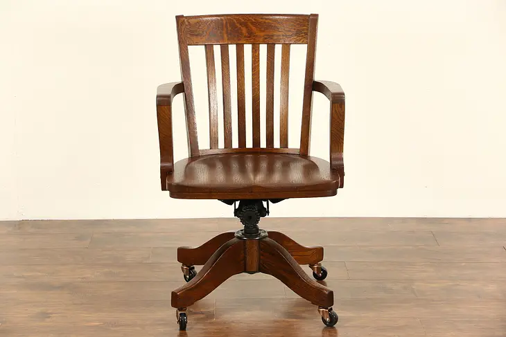 Oak Swivel Adjustable 1910 Antique Desk Chair, Signed Colonial of Chicago