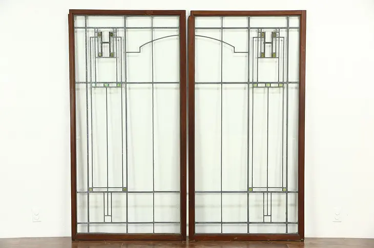 Arts & Crafts 1910 Antique Pair Leaded Stained Glass Windows or Doors, Screen
