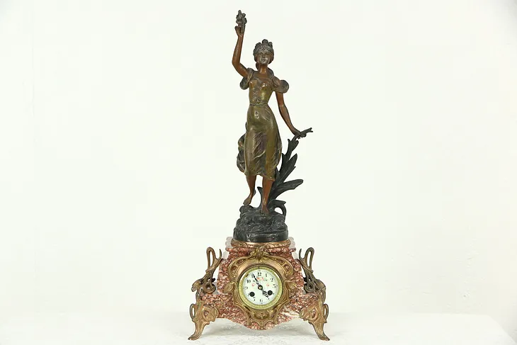 French Antique 1900 Marble Mantel Clock, Daisy Sculpture Signed Guillemin
