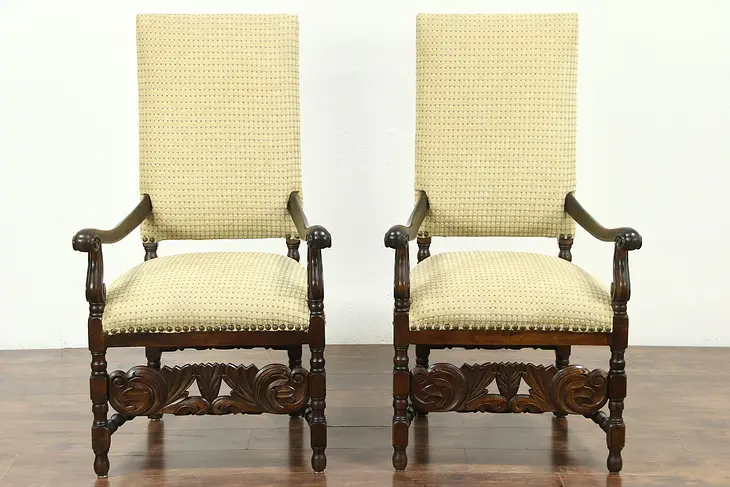 Pair of  Carved Antique Hall, Throne or Host Chairs, New Upholstery #28817