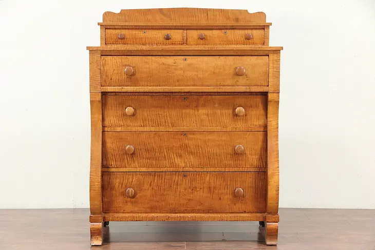 Empire Antique 1840 Tiger or Curly Maple Chest or Dresser, Ohio #29815