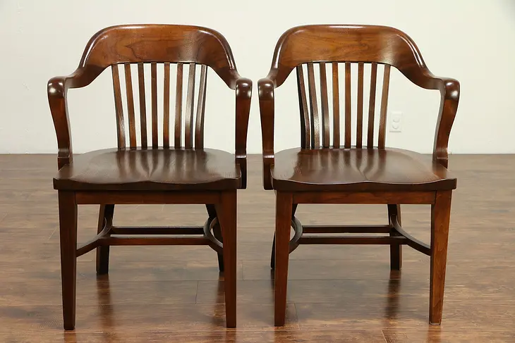 Pair of Walnut Antique Banker, Library or Office Chairs C #30419