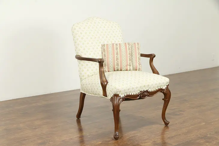 Shell Carved Mahogany Antique Chair, European Upholstery #30980